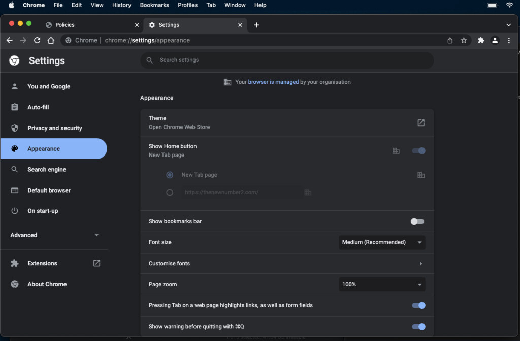 Chrome on macOS with applied settings